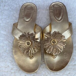 Coach Suki Metallic Gold Flower Gold Sandal Thong Flip Flap Size 7.5